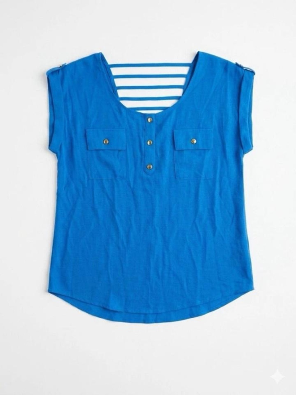 mine Royal Blue Short Sleeve Button Pocket Top with Striped Back Detail